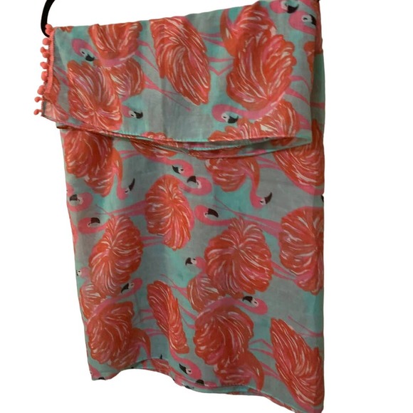 MISSSHORTHAIR Scarf Wrap Dancing Pink Flamingo Mint background pom-pom fringe - Picture 4 of 7